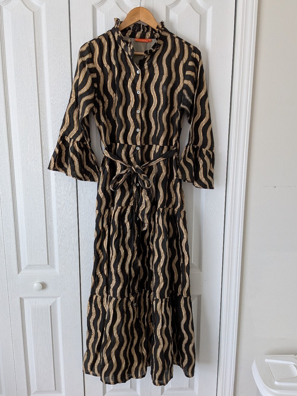 OLIPHANT ankara ruffle collar maxi dress black Gold Animal Stripe